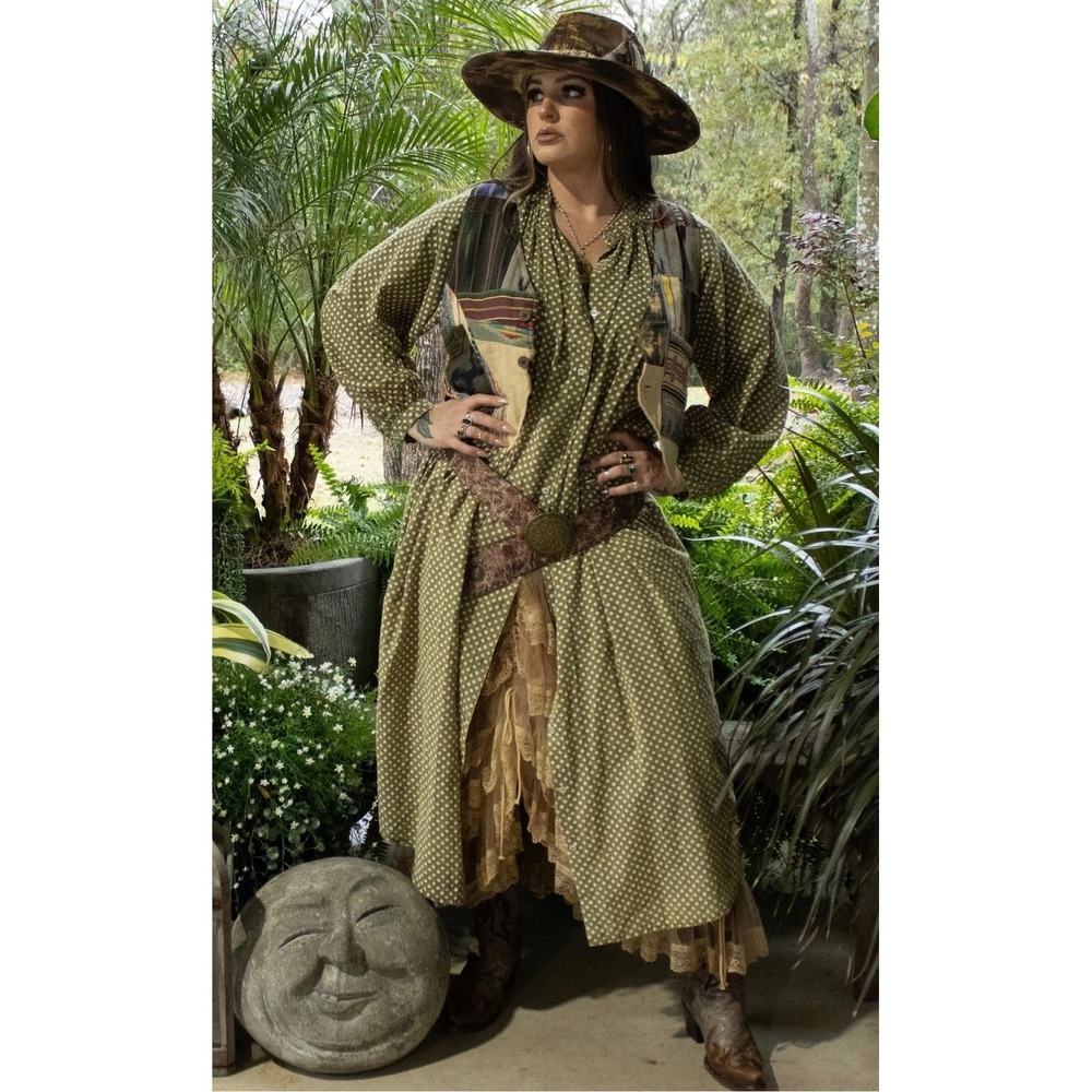Jaded Gypsy Olive Green Polka Dot Button Down Midi Dress Boho Lagenlook
